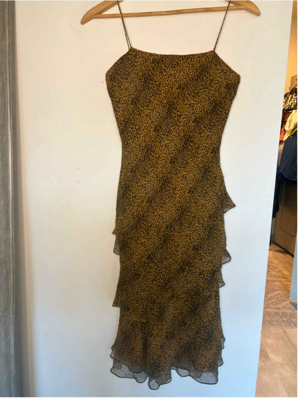 Flores & Flores 100% Silk Leopard Tiered Ruffle Midi Dress Y2K Sz 10